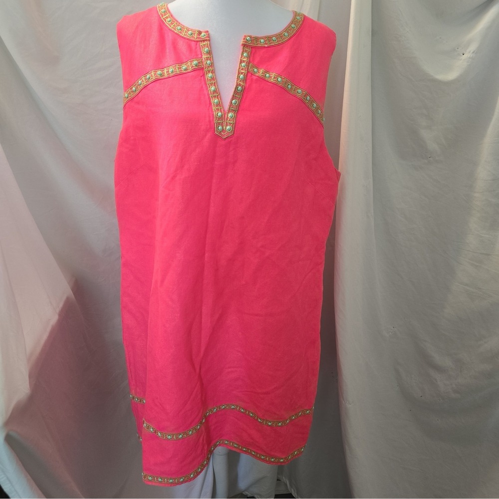 Vineyard Vines Shimmer Linen Blend Shift Dress Hot Pink/gold Embroidered Sz 16